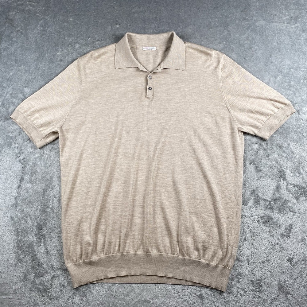 Maison Cashmere Polo Sweater Mens Size XXL Tan Made In Italy Short Sleeve Preppy